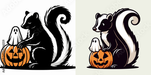Skunk wear ghost costume and sitting on jack o pumpkin. Halloween Witch Bat Spooky Scary Clipart Line Art Vector Illustration. Scent critter in spectral garb atop carved gourd autumn holiday.
