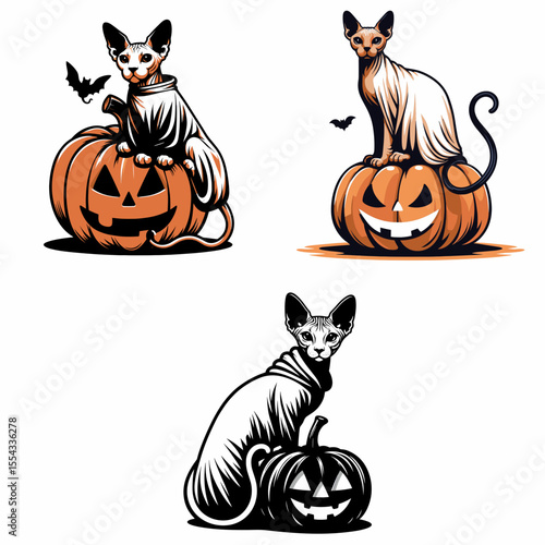 Sphynx Cat wear ghost costume and sitting on jack o pumpkin. Halloween Witch Bat Spooky Scary Clipart Line Art Vector Illustration. Naked kitty in spook garment atop gourd a feline image.