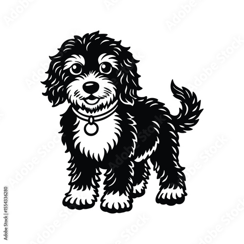 Happy cartoon golden doodle puppy silhouette isolated on white background