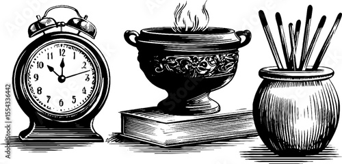 Ornate mantel clock with scented incense burner and decorative jar - vintage design for home decor