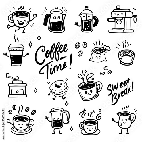 Funny cartoon characters. Coffee time illustration of cup of tea, coffee. Comic element in trendy retro cartoon style.
