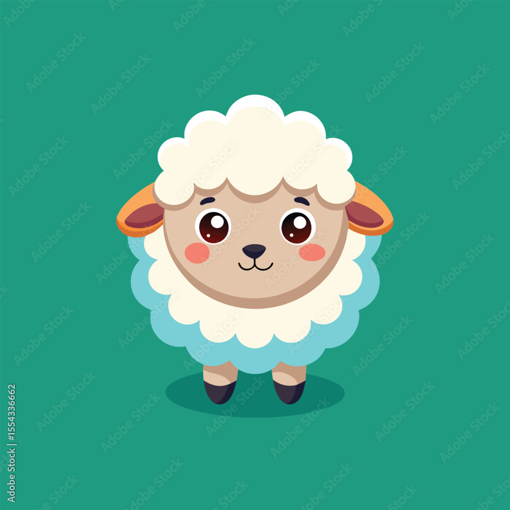 Obraz premium Happy cartoon sheep with soft blue wool and yellow tuft vector illustration isolated on green background