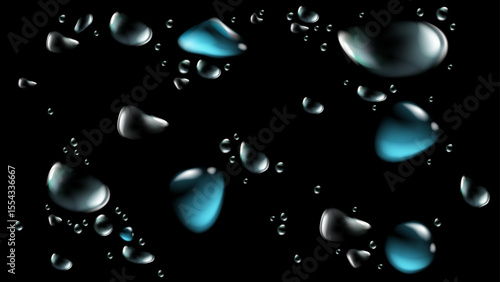 Water Droplets on Black: Abstract image of various sized water droplets scattered against a stark black background, with subtle variations in color and reflectivity.