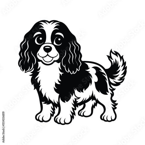 Happy Cavalier King Charles Spaniel with curly fur silhouette isolated on white background