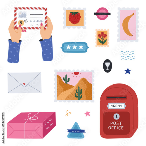 Lovely cartoon postal set with public mailbox, women hands holding airmail letter, postage stamps with picturesque scenery. Trendy hand drawn deliver and receive mail clipart isolated on background.