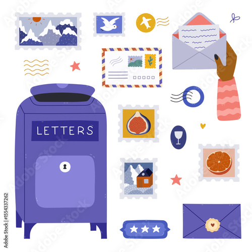 Lovely cartoon postage office set with classical postbox, lady open envelope, airmail postcard, heavenly postage mark, rubber stamps. Trendy hand drawn postal clipart isolated on white background.