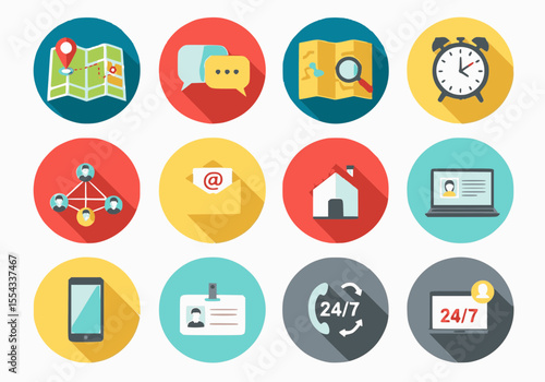 A grid of twelve flat design icons representing various aspects of communication, business, and daily life.