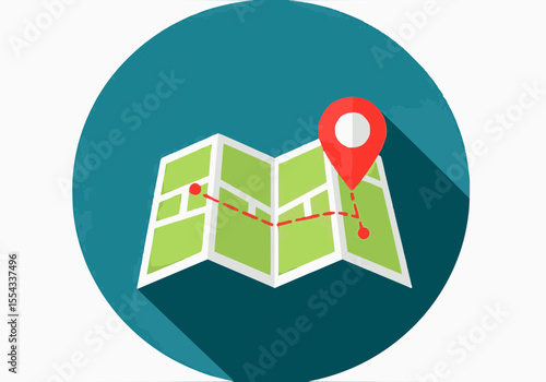 An icon showing a folded map with a red location pin and a dashed red line indicating a route or path.