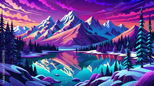 illustration of Snow covered Andes mountains and lake and pine trees