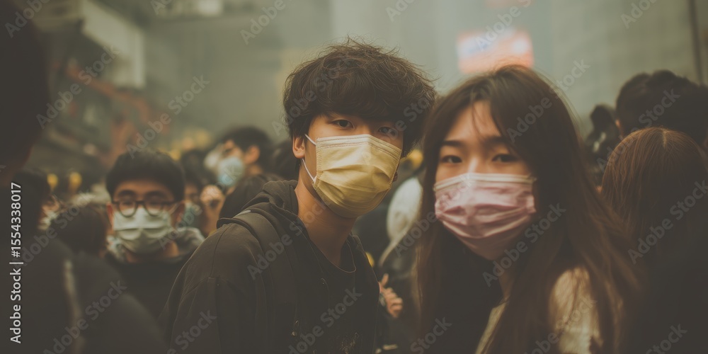 Fototapeta premium Two young adults wearing masks stand in a crowded setting, showcasing a moment of connection amid a bustling environment.