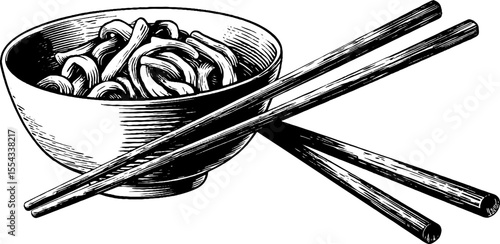 Vintage hand drawn pho bowl with chopsticks illustration for culinary and design projects