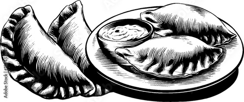 Hand drawn pierogi with crimped edges and sour cream plate illustration
