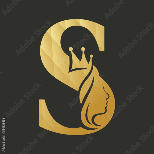 Gold Letter S Logo Queen Crown Woman Profile vector