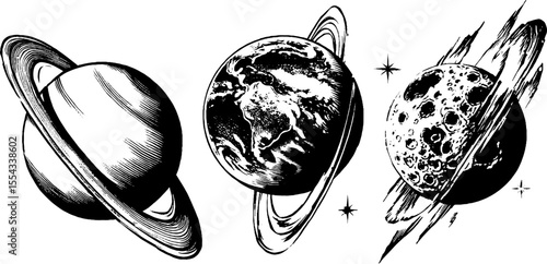 Celestial bodies and orbits in vintage hand-drawn silhouette art for posters and labels