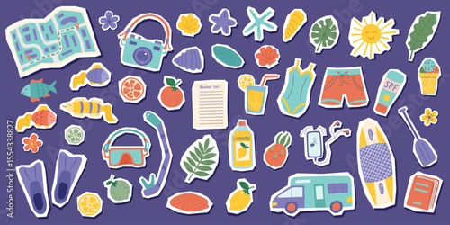 Set of summer travel beach cliparts isolated on purple background. Travel and vacation concept. Vector flat illustrations.