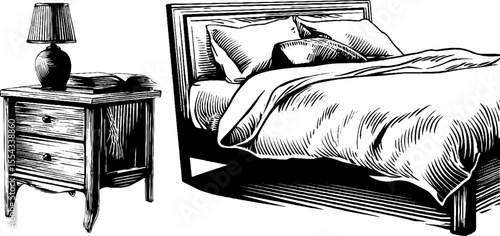 Minimalist bedroom set with platform bed and low headboard - hand drawn design for interior inspiration