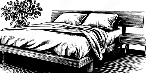 Minimalist platform bed with low headboard and bedding in vintage style for interior design