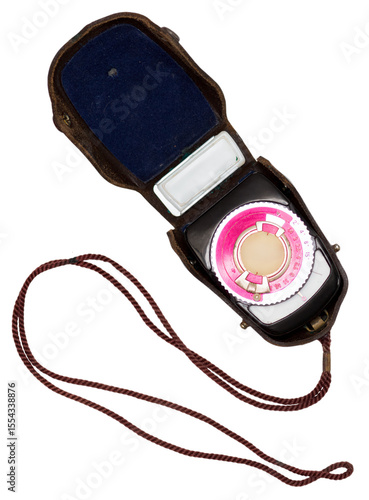 Vintage Handheld Light Meter with Leather Case Isolated on Transparent Background
