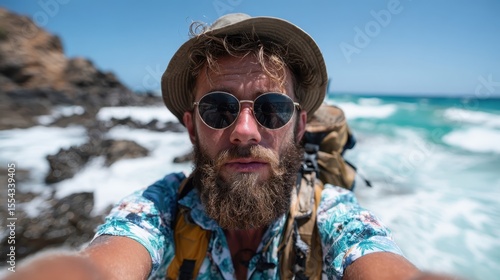 A rugged man with a beard enjoys the adventure of a sunny beach day, sporting sunglasses and a tropical shirt while capturing the vast ocean behind him in a selfie.