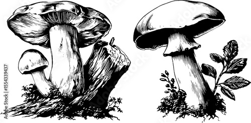 Vintage porcini mushrooms with leaf sketch for design