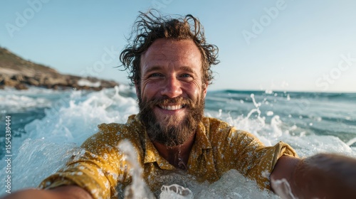 A bearded man with a bright smile splashes in the ocean waves, capturing the essence of joy and freedom at a beautiful beach on a sunny day, surrounded by nature.