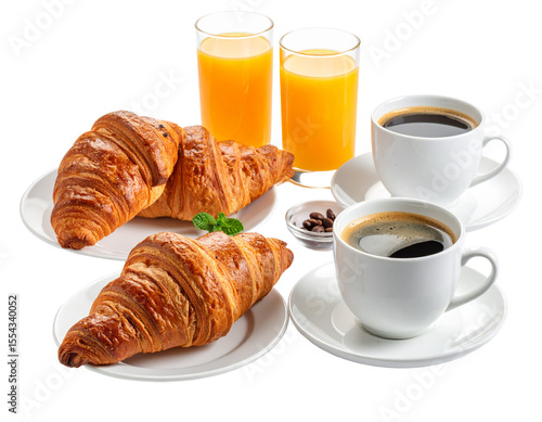 For breakfast, i have a croissant, coffee, orange juice, and jam.