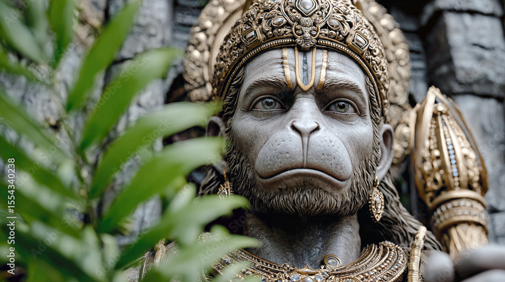 Estatua del dios Hanuman con corona dorada y maza sagrada entre vegetación en templo de piedra Estatua del dios Hanuman con corona dorada y maza sagrada entre vegetación en templo de piedra