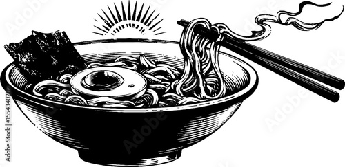 Artistic depiction of ramen bowl with noodles and chopsticks for culinary design