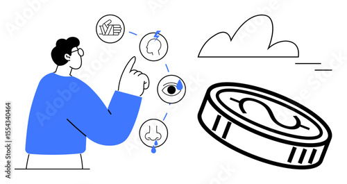 Male figure pointing at connected sensory icons brain, ear, eye, nose near a coin and cloud. Ideal for finance, learning, decision, perception value innovation creativity. Simple flat metaphor