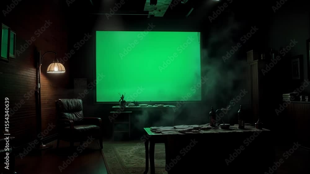 green screen tv on screen, dimly lit room green screen tv on screen, dimly lit room