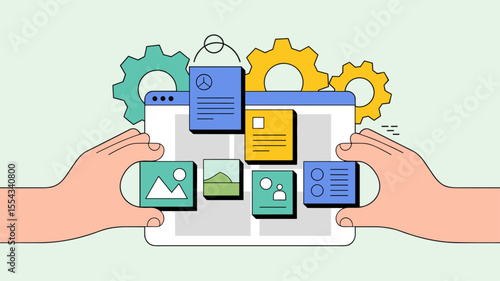 web developer's hands arranging content blocks on a cms interface, vector illustration for content management system development, website customization and user interface design
