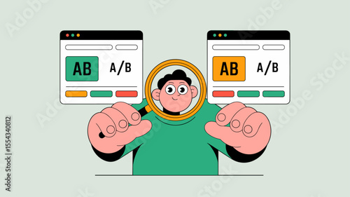 marketing analyst performing a and b split test on websites with magnifying glass, vector illustration for conversion rate optimization, user experience research and website performance analysis
