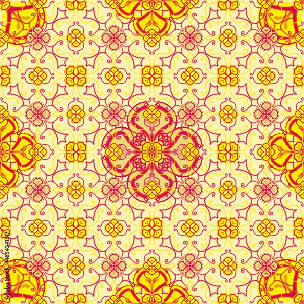 Fototapeta premium seamless floral pattern,flowers,jars,staffs,leaves,japanese lanterns with yellow as a background,created from curved lines in geometric patterns to sarong,tile,fabric and printed patterns.