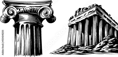 Vintage roman column and capital detail with ruined architecture for historical design