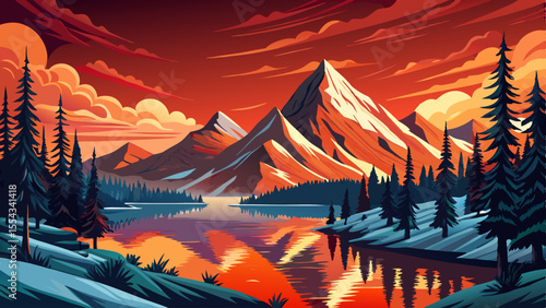 illustration of Snow covered Andes mountains and lake and pine trees
