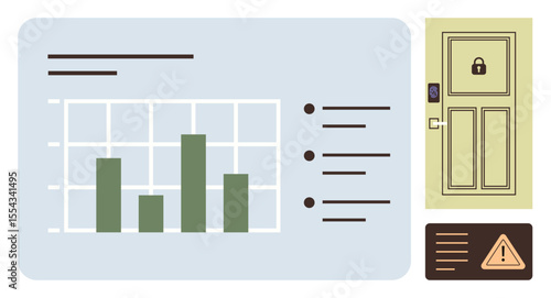 Bar graph data on dashboard, locked door with keypad, and alert icon. Ideal for security, analytics, technology, safety, monitoring, data visualization simple flat metaphor