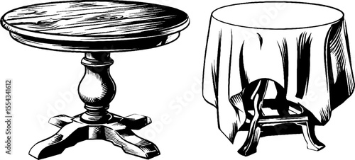 Vintage hand drawn round dining table set with ornate legs and draped cloth design