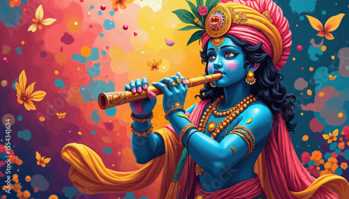 Portrait of a Krishna Divine Figure Playing Flute Surrounded by Colorful Butterflies