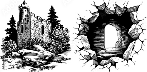 Ruined castle wall and broken arch with moss sketch for historical design