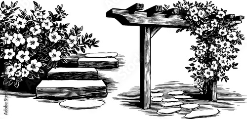 Rustic arbor with jasmine vine and step stones - nature illustration for design