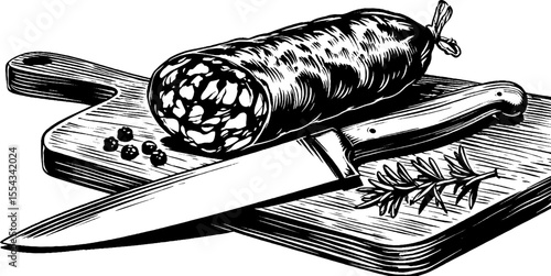 Vintage salami slice with knife and peppercorns sketch for culinary art and design