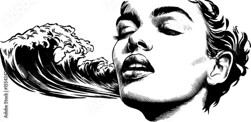 Serene and expressive portrait with ocean wave art