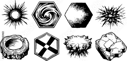 Vintage hand drawn spiral glyphs and hexagonal optical illusions for retro design
