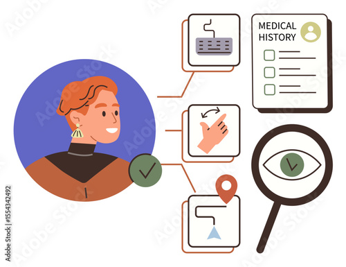 Person profile connected to icons of keyboard, hands, map location, and medical history form with magnifying glass. Ideal for healthcare, personal data, assessment, monitoring, diagnosis evaluation