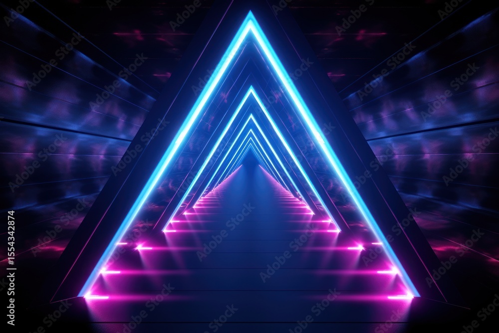 Naklejka premium Technology light effect synthwave tunnel triangle grid vaporwave.