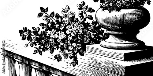 Elegant stone balustrade with climbing wisteria for architectural design and garden inspiration