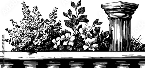 Elegant stone balustrade with climbing wisteria and floral motif for classic design