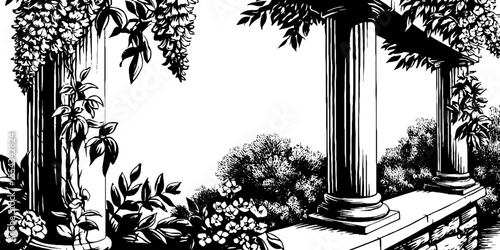 Architectural elegance: stone balustrade with climbing wisteria for garden decor