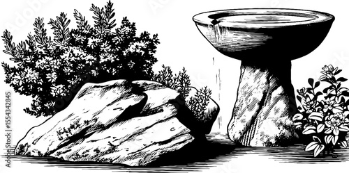 Serene garden scene with stone birdbath, rosemary, and moss