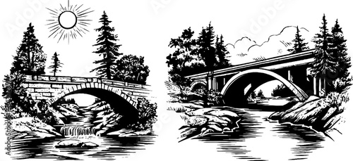 Vintage bridge illustrations with stone arches and natural scenery for design and decoration